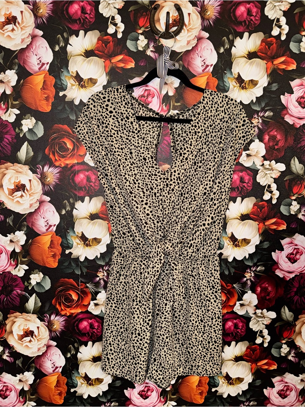 Francesca's Collections Beige and Black Leopard Print Open-Back Romper, M
